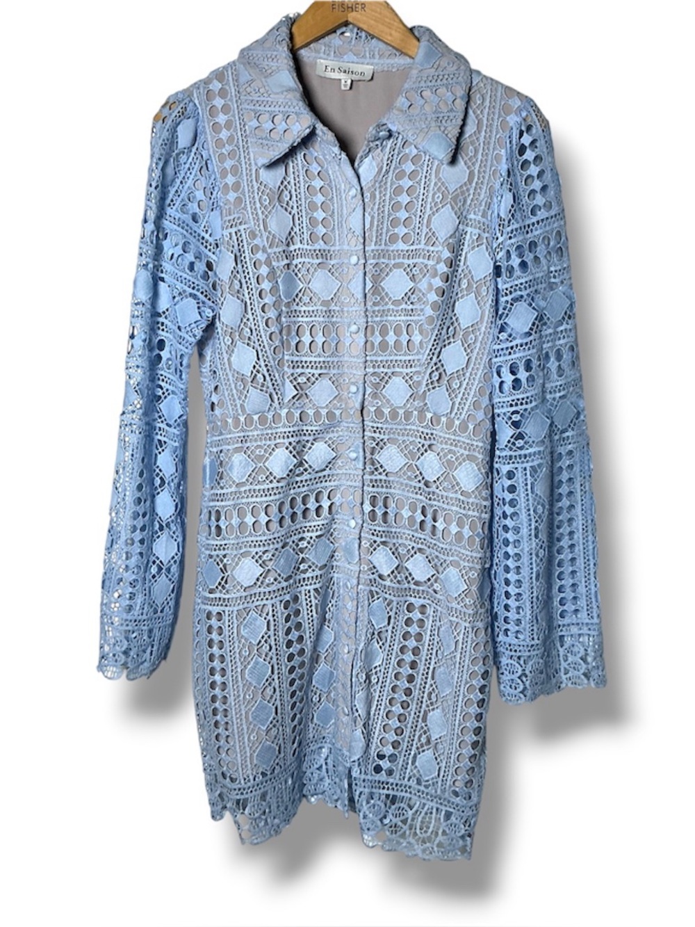 Lace Button-Front Shirt Dress - Light Blue - Picture 4 of 7